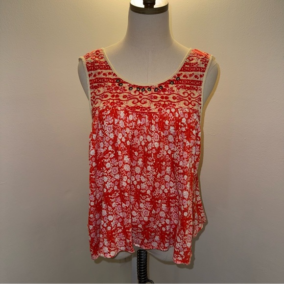 Free People Women’s Small Lucky Coin Red Orange Floral Swing Tank Top Shirt - Picture 4 of 7